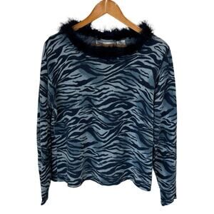 VTG STUDIO COLLECTION Blue Zebra Print Sweater Feather Trim Womens Large